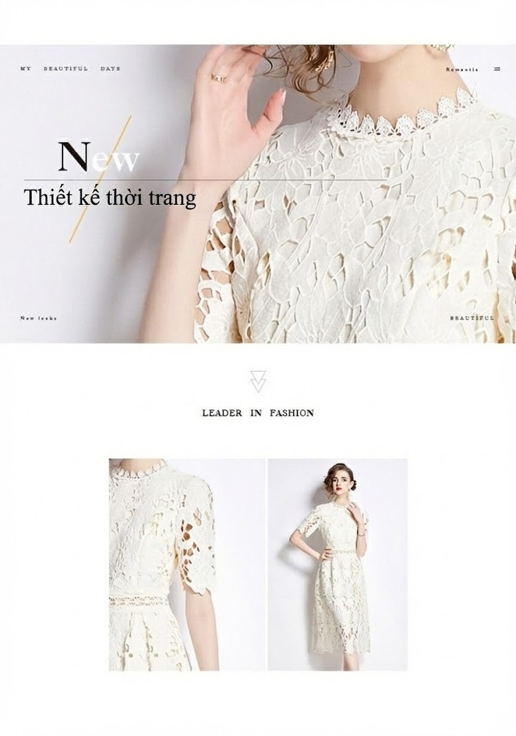 Váy liền thân Nữ Tay Ngắn Cổ Tròn Ôm Eo Dáng Chữ A Ren Nổi Màu Trắng Kem chi tiết 2