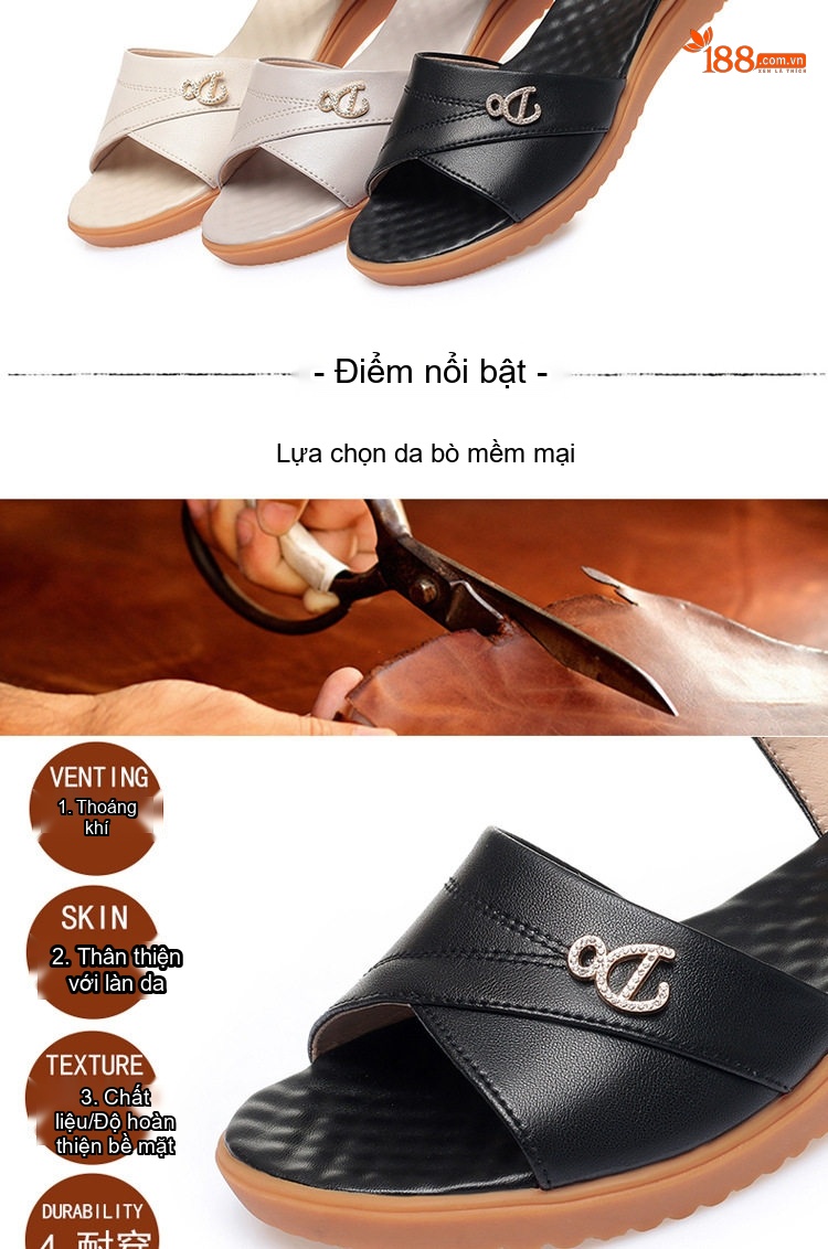 Dép Sandal Nữ Quai Chữ X Da Mềm Đế Cao 3cm - 4cm Màu Kem, Đen, Xám chi tiết 4