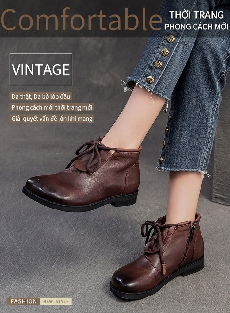 Boot Nữ Cổ Ngắn Da Thật Thắt Dây Chiều Cao Đế Khoảng 2cm Màu Đen, Nâu, Xám chi tiết 1