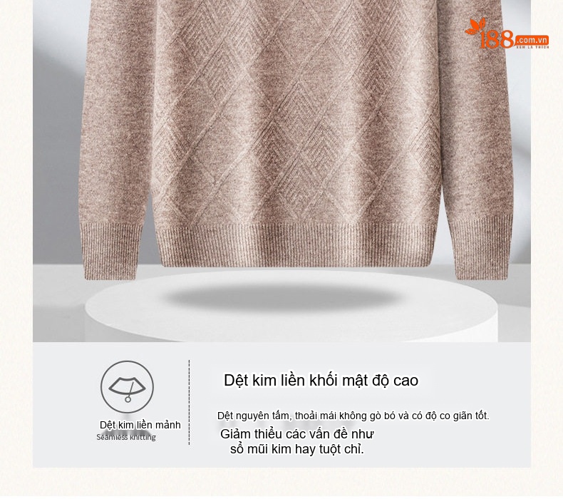 Áo Len Nam 100% Lông Cừu Cổ Tròn Họa Tiết Trám Ấm Áp Màu Be, Xám Đậm, Xám chi tiết 8