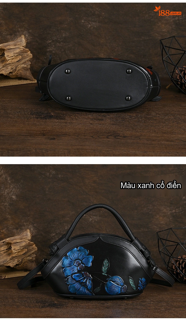 Túi Xách Tay Nữ Da Thật Dập Nổi Vintage Đeo Vai, Đeo Chéo Màu Đen chi tiết 5