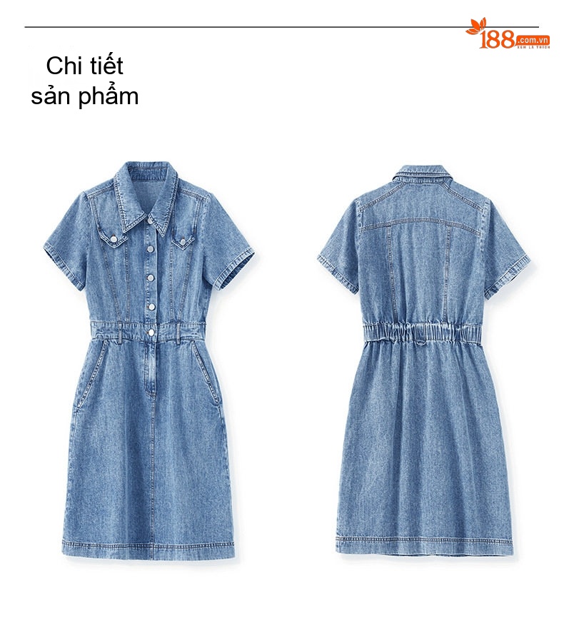 Váy Đầm Jean Nữ dáng chữ A Cổ Bẻ Tay Ngắn Phong Cách Thời Trang Trẻ Trung Màu Xanh Denim chi tiết 14
