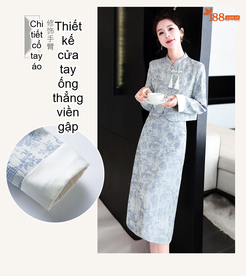 Set Áo Khoác Lửng và Chân Váy Midi Nữ Phong Cách Tân Cổ Điển Họa Tiết Màu Xanh, Hồng, Kem chi tiết 9