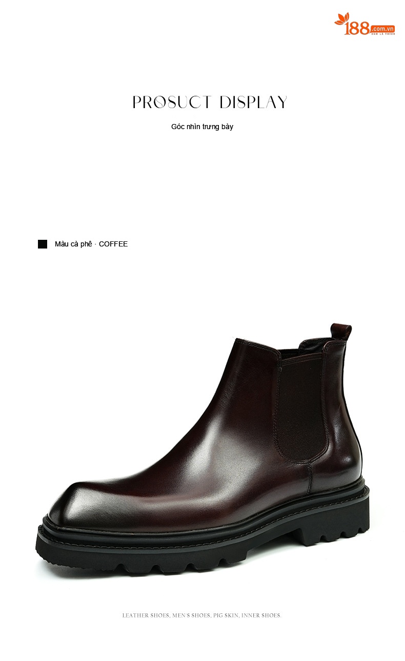 Boot Chelsea Nam Da Bò Cao Cổ Thủ Công Chiều Cao Đế Khoảng 5cm Màu Đen, Nâu Đỏ chi tiết 11