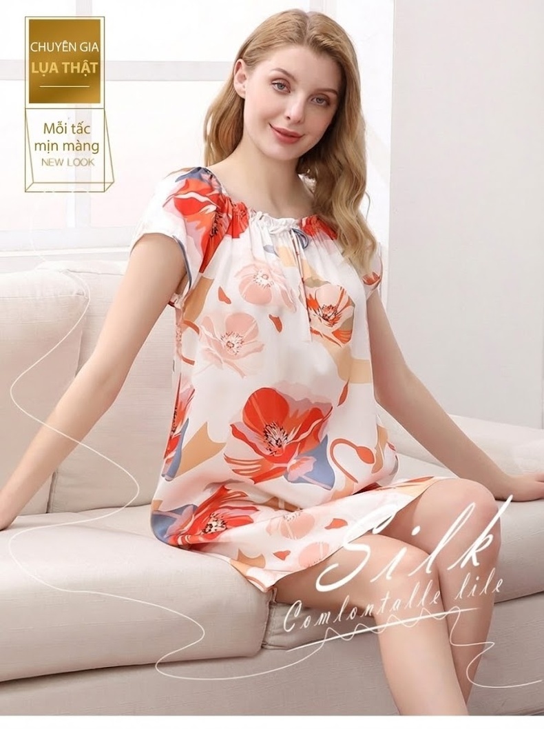 Váy Ngủ Nữ 100% Tơ Tằm Mùa Hè, Mùa Xuân, Dáng Rộng, In Hoa chi tiết 1