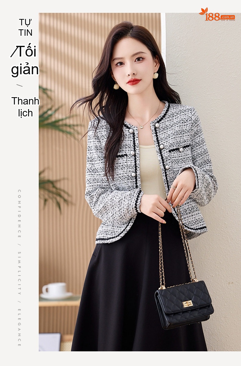 Áo Khoác Tiểu Thư Nữ Dáng Ngắn Rộng Tay Dài Phong Cách Thanh Lịch Màu Trắng Xám chi tiết 15