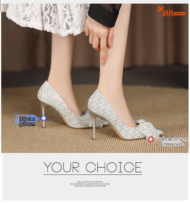 Giày Cao Gót Nữ Gót Nhọn Đính Đá Chiều Cao Đế Khoảng 8cm Thiết Kế Nơ Màu Trắng, Đen chi tiết 3