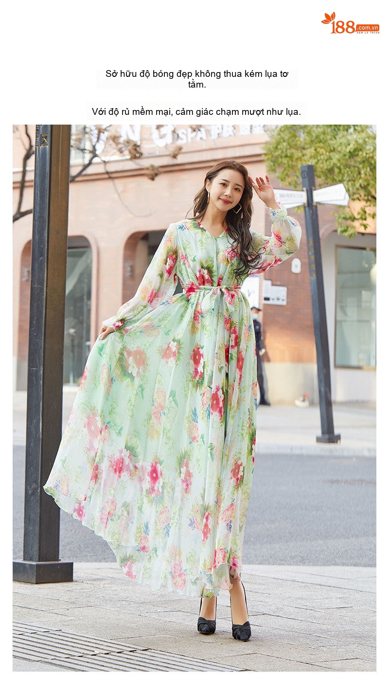 Váy Maxi Tay Dài Voan Hoa Họa Tiết Vintage Đi Biển Mùa Hè Màu Xanh, Hồng chi tiết 4