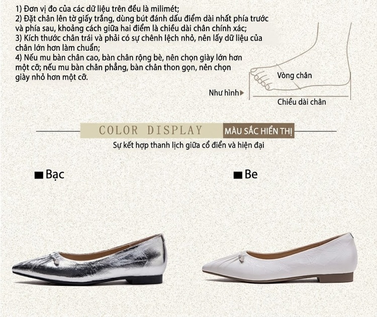 Giày Búp Bê Nữ Da Bò Mũi Nhọn Chiều Cao Đế Khoảng 1cm Phong Cách Hàn Quốc Màu Trắng, Bạc chi tiết 3