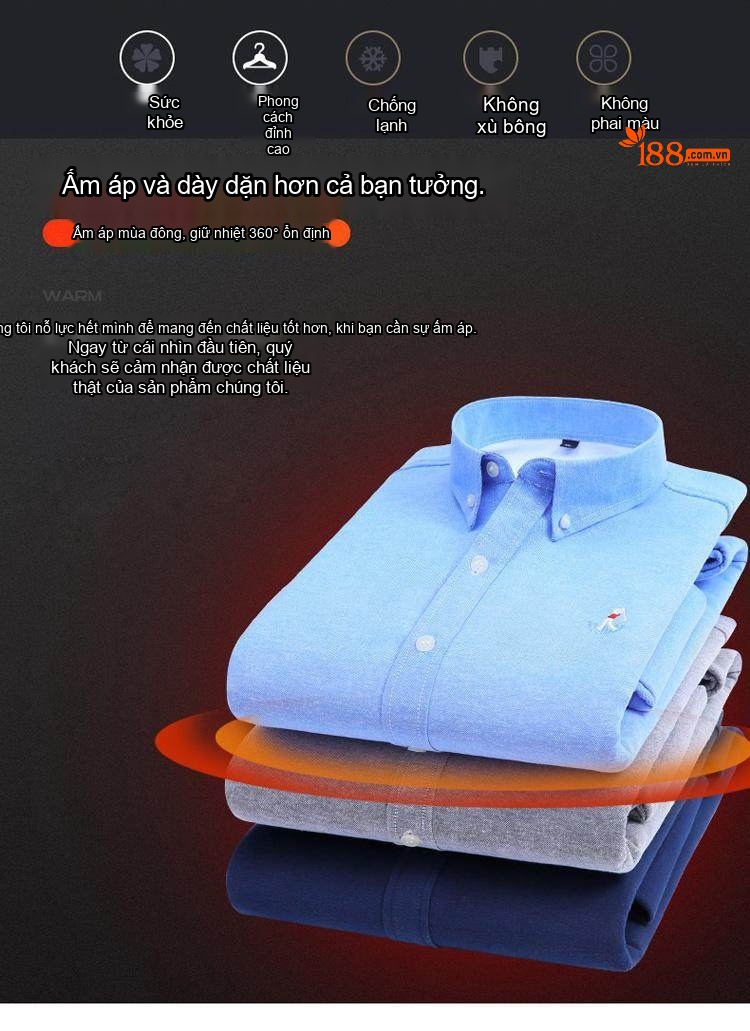 Áo Sơ Mi Nam Dài Tay Cotton Oxford Lót Lông Dày Dặn Thêu Hình Màu Xanh Dương, Xanh Navy, Tím, Đỏ... chi tiết 2