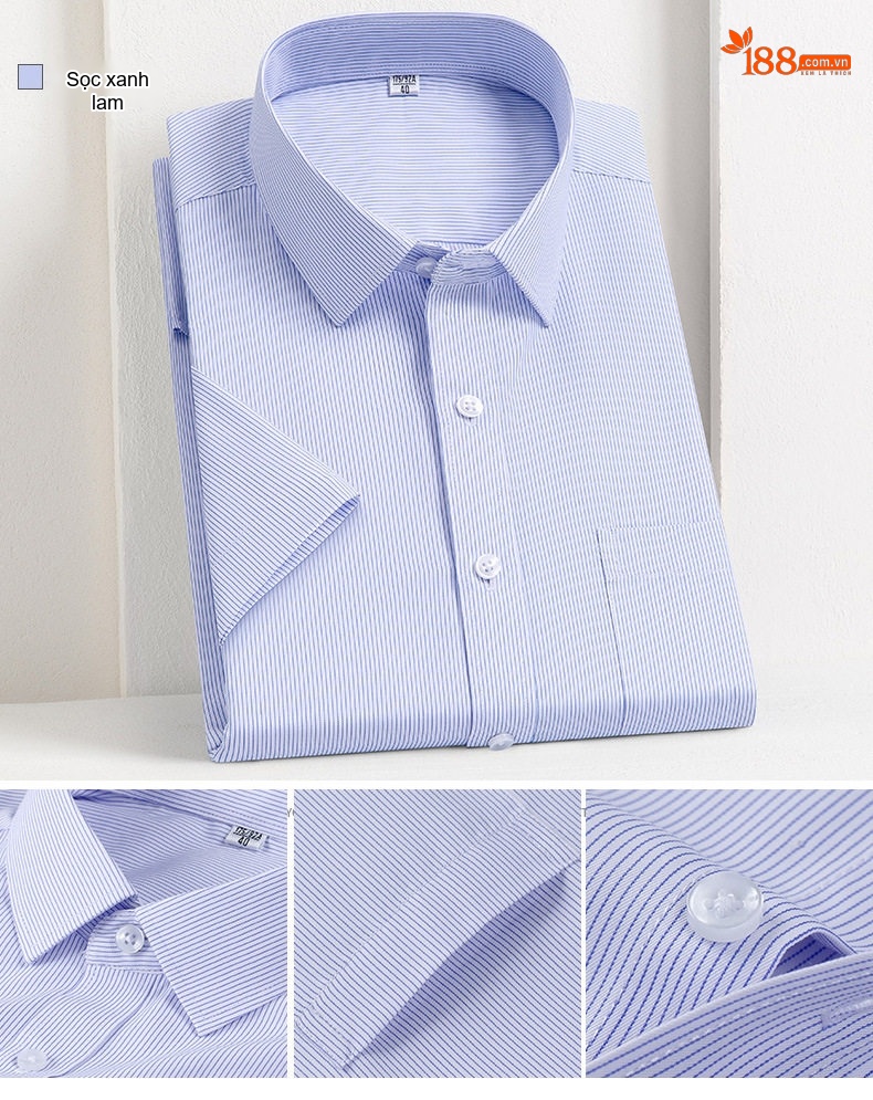 Áo Sơ Mi Nam Cotton Ngắn Tay Dáng Ôm Chống Nhăn Màu Trắng, Xanh Dương, Tím, Xám... chi tiết 12