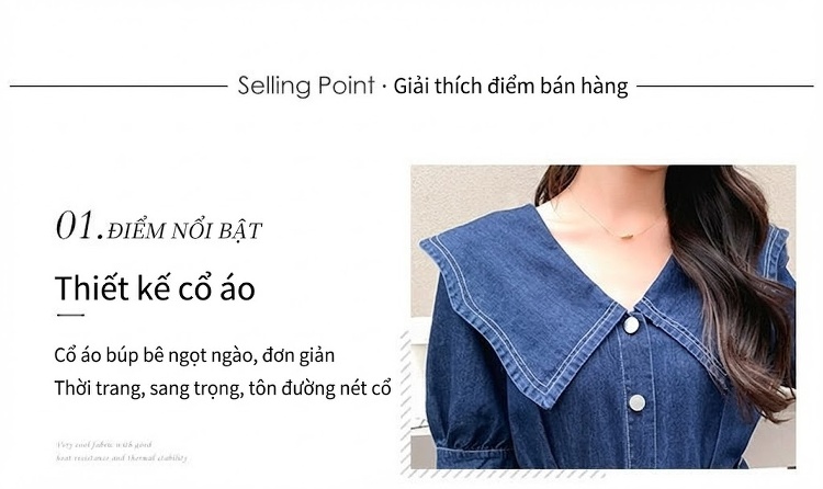 Váy Jean Nữ Cổ Búp Bê dáng chữ A Thắt Eo Thanh Lịch chi tiết 4