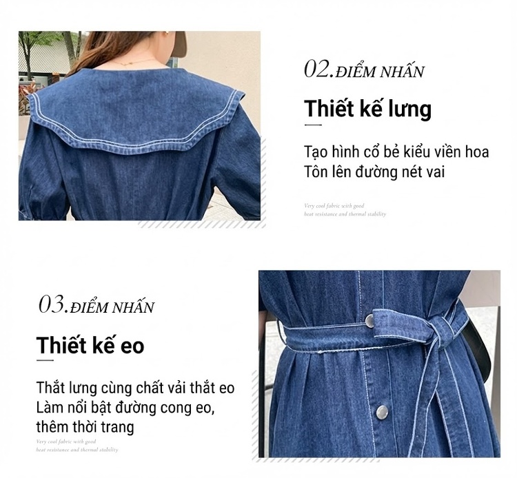 Váy Jean Nữ Cổ Búp Bê dáng chữ A Thắt Eo Thanh Lịch chi tiết 5