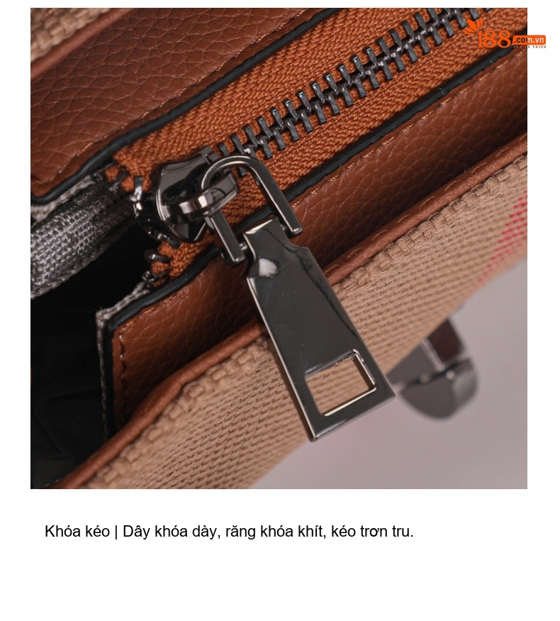 Túi Tote Nữ Da Bò Kết Hợp Vải Bố Họa Tiết Kẻ Sọc Thời Trang Màu Nâu Caramel chi tiết 18