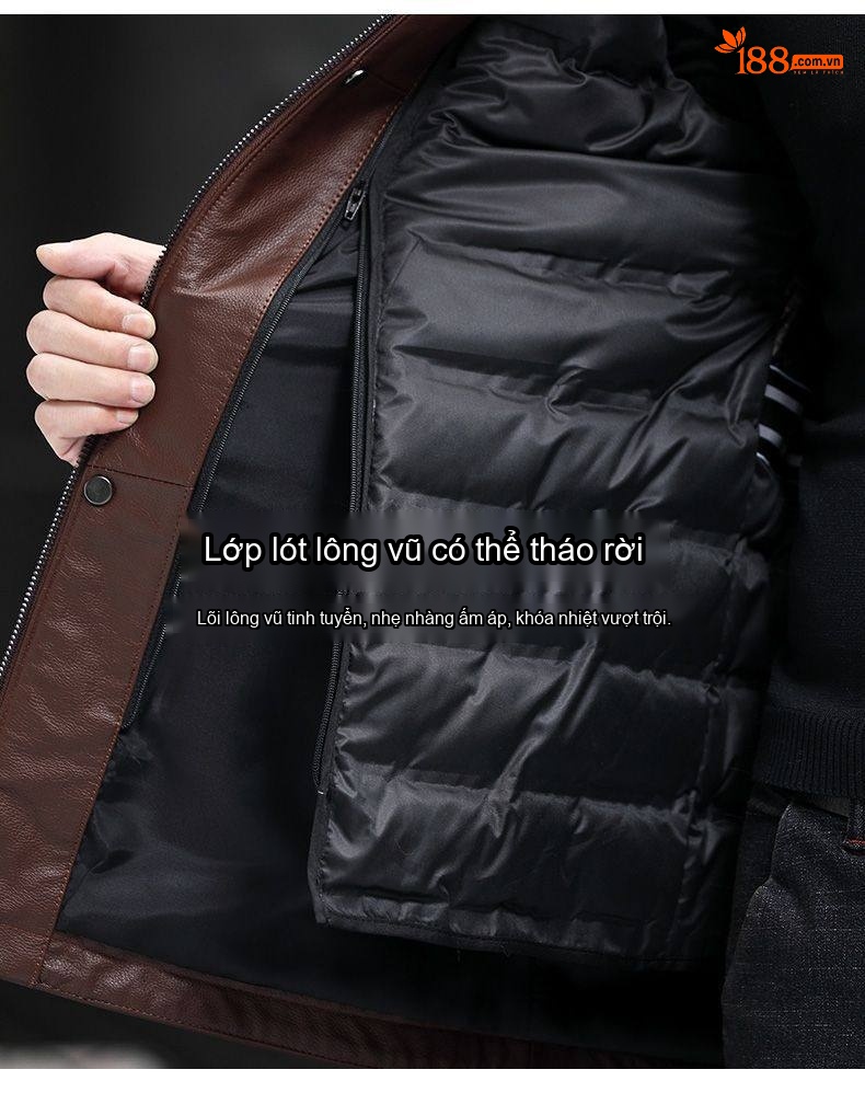 Áo Khoác Da Nam Da Thật Cổ Lông Kiểu Dáng Bomber Dáng Dài Màu Nâu, Đen chi tiết 6