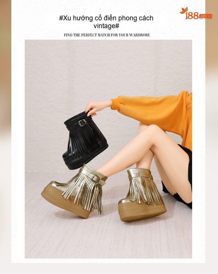 Boot Nữ Cổ Ngắn Da Bóng Tua Rua Chiều Cao Đế Khoảng 5cm Màu Vàng, Đen chi tiết 1