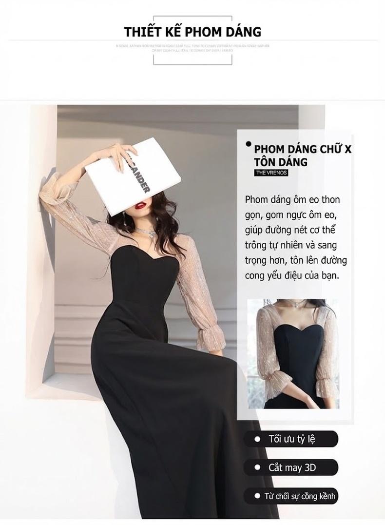 Váy Dạ Hội Nữ Phong Cách Pháp Hepburn Cổ Điển, Tay Lỡ Màu Đen chi tiết 3