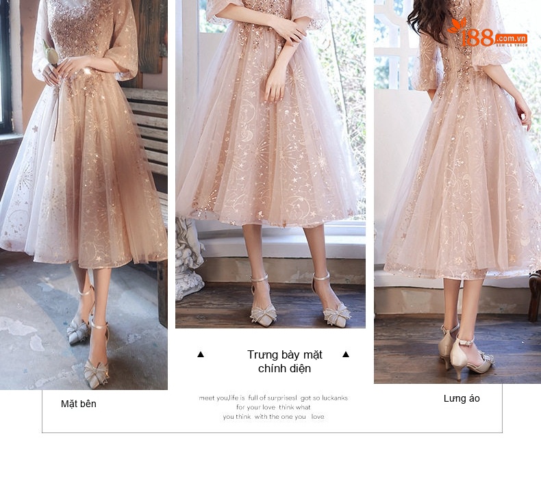 Váy Dự Tiệc Dáng Dài Tay Lỡ Màu Hồng Phấn, Be chi tiết 6