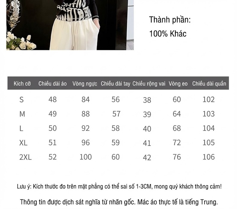 Set Bộ Nữ Áo Thun Tay Dài Quần Ống Rộng Cotton Phong Cách Casual Màu Đen, Trắng chi tiết 10