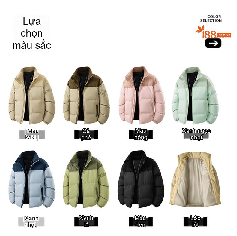 Áo Khoác Phao Nam Nữ Cotton Dáng Rộng Cổ Đứng Lót Nỉ Màu Xanh Dương, Nâu, Hồng, Xanh Lá... chi tiết 8