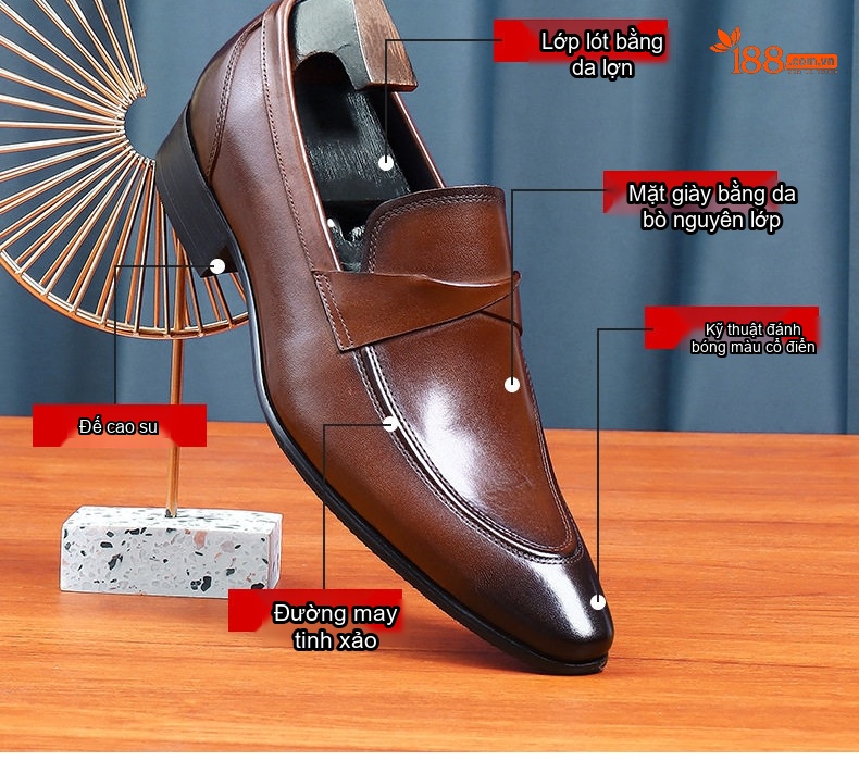 Giày Lười Nam Da Thật Mũi Nhọn Chiều Cao Đế Khoảng 3cm Màu Đen, Nâu chi tiết 8