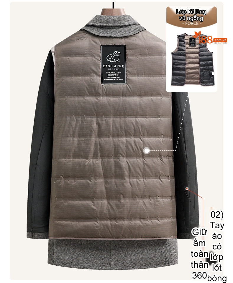 Áo Khoác Dạ Nam Lông Vũ Lót Trong Tháo Rời Phong Cách Business Casual Màu Xám chi tiết 11