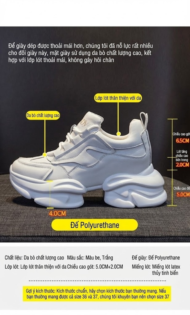 Giày Thể Thao Nữ Da Thật Đế Dày Chiều Cao Đế Khoảng 5cm Màu Trắng chi tiết 11