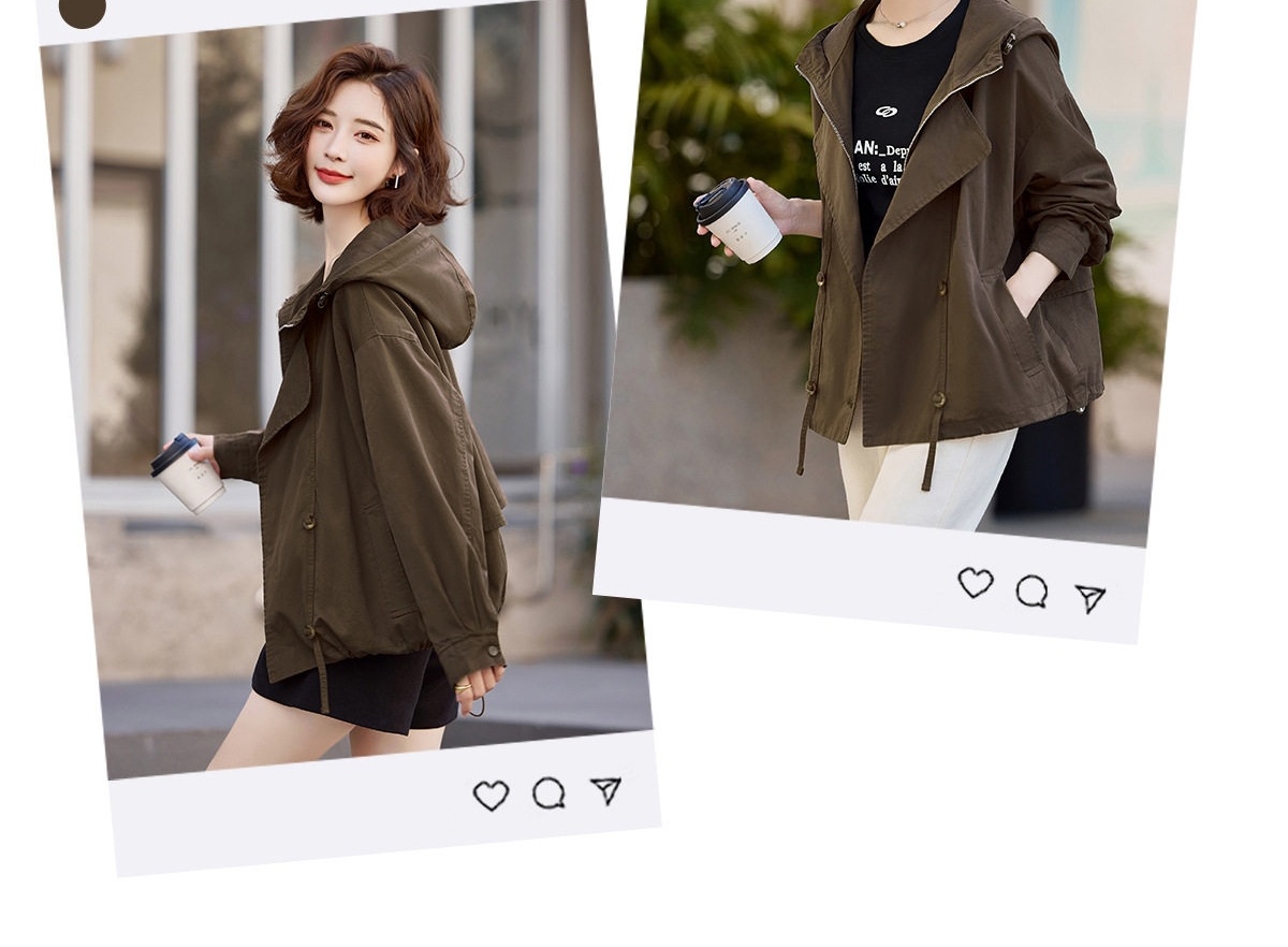 Áo Khoác Gió Nữ Dáng Ngắn Mũ Trùm Đầu Phong Cách Thời Trang Trẻ Trung Màu Xanh Olive chi tiết 12