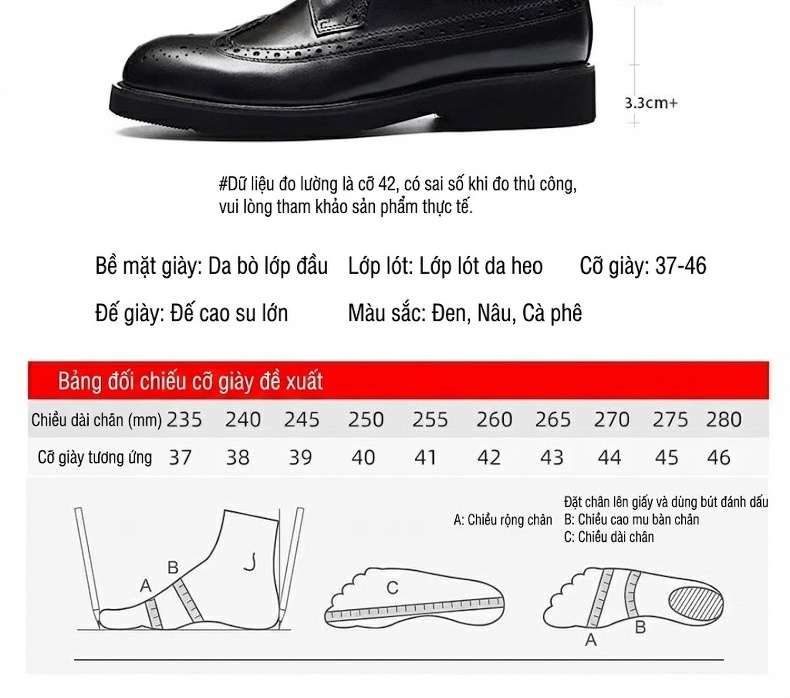 Giày Tây Buộc Dây Nam Da Bò Chiều Cao Đế Khoảng 3cm Màu Đen, Nâu chi tiết 3