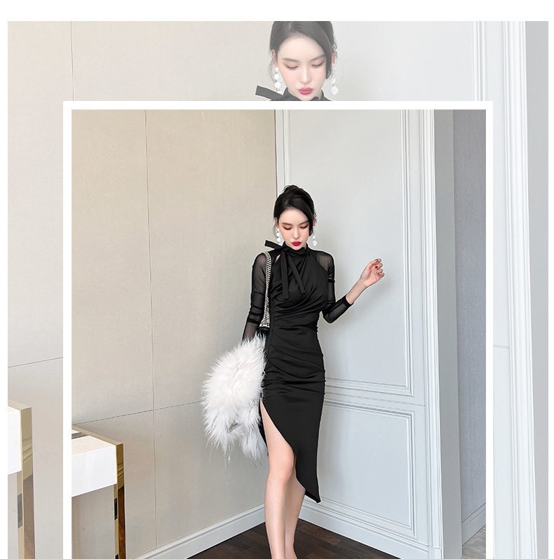 Đầm Ôm Body Lưới Tay Dài Cổ Lệch Xẻ Tà Bất Đối Xứng Phong Cách Châu Âu Màu Đen chi tiết 1