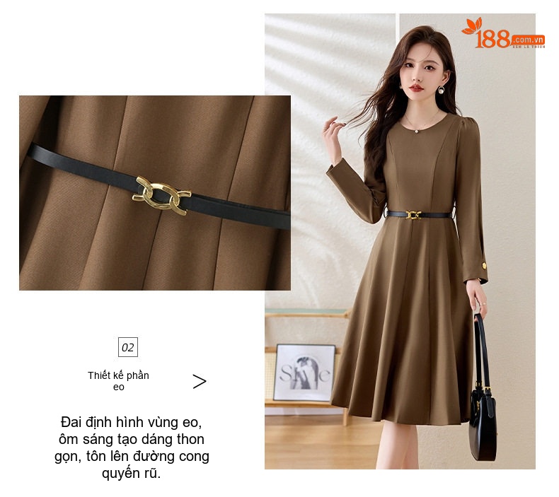 Đầm Xòe Dài Tay dáng chữ A Chiết Eo Thanh Lịch Màu Đen, Nâu chi tiết 5