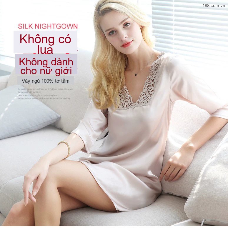 Váy Ngủ Lụa Tơ Tằm 100% Tay Lỡ Thêu Hoa Màu Hồng