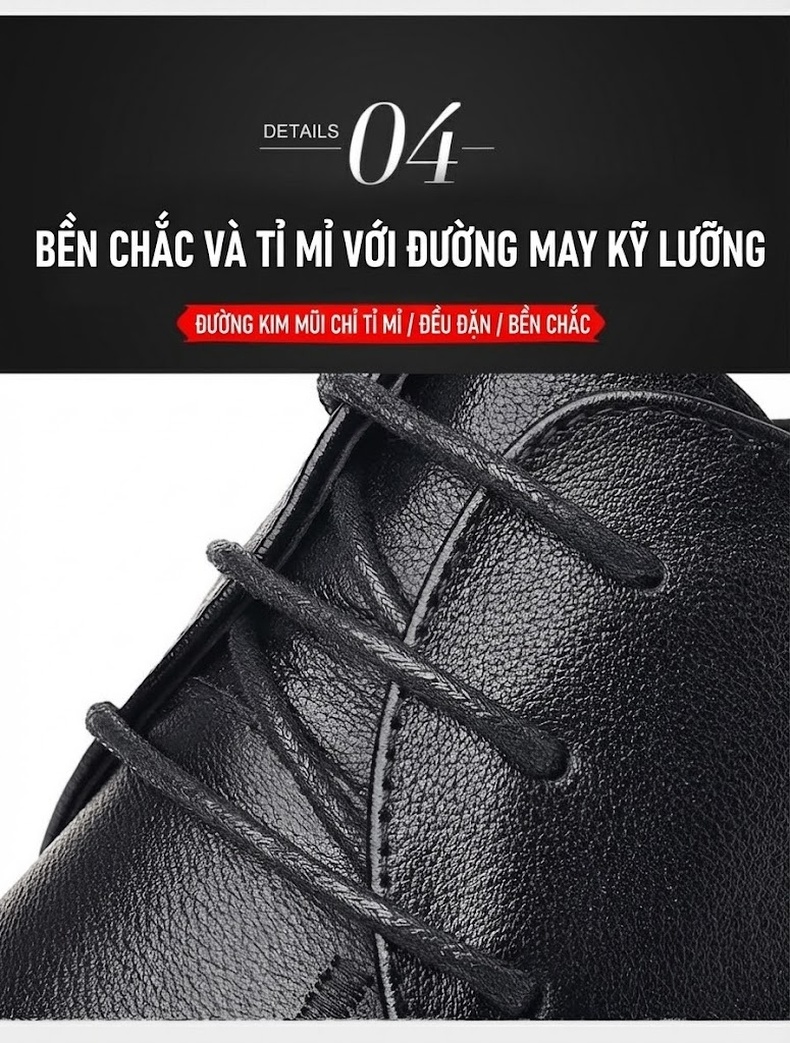 Giày Tây Buộc Dây Nam Da Bò Chiều Cao Đế Khoảng 3cm Màu Đen chi tiết 16