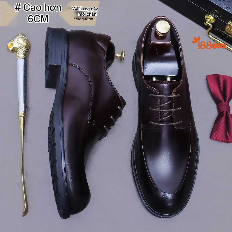 Giày Tây Buộc Dây Nam Da Bò Chiều Cao Đế 6cm Phong Cách Anh Quốc Màu Đen, Nâu