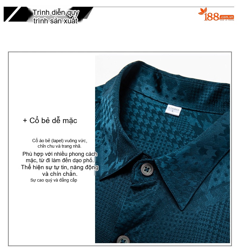 Áo Sơ Mi Nam Tay Ngắn Tơ Tằm Họa Tiết Jacquard Cao Cấp Màu Trắng, Đen, Xanh Ngọc chi tiết 5