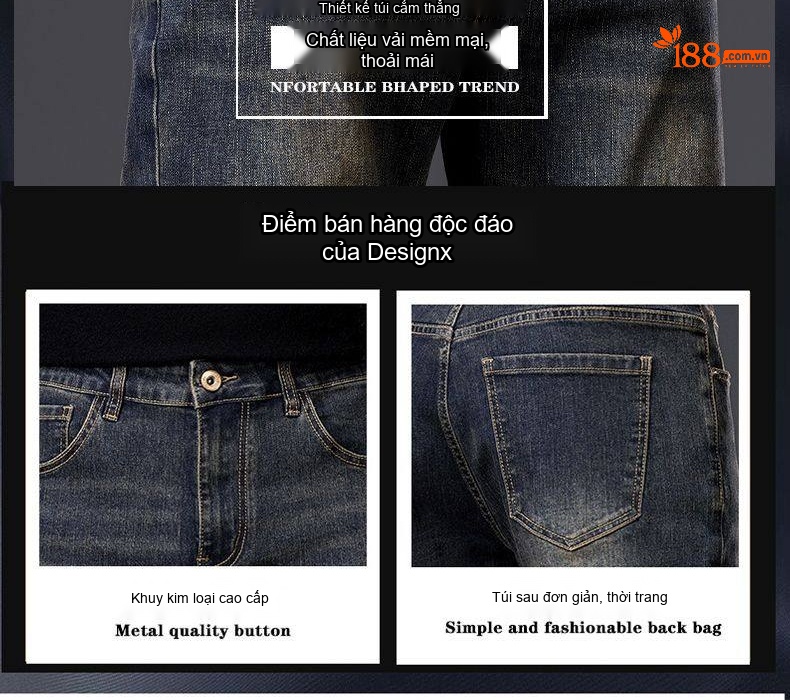 Quần Jean Nam Ống Suông Rộng Co Giãn Phong Cách Retro Màu Xanh Denim chi tiết 7