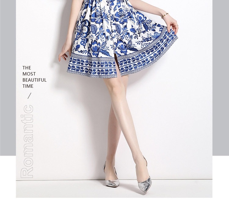 Váy Chữ A Nữ Cổ chữ V Tay Loe Thắt Eo Họa Tiết Cổ Điển Màu Trắng, Xanh Lam chi tiết 9