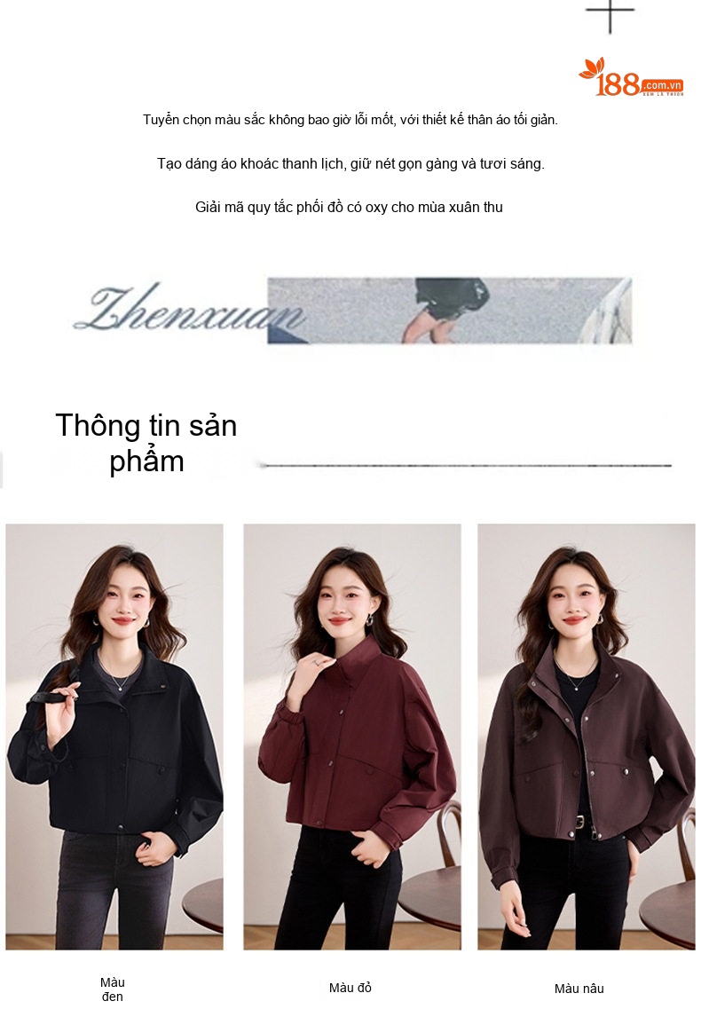 Áo Khoác Bomber Nữ Kiểu Dáng Croptop Cổ Trụ Tay Bồng Màu Đỏ Angola, Đen chi tiết 9