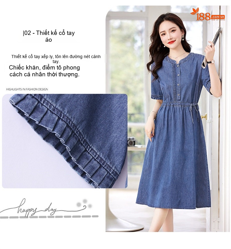 Váy Đầm Jean Nữ Tay Ngắn Dáng Chữ A Thắt Dây Eo Màu Xanh Jean chi tiết 10