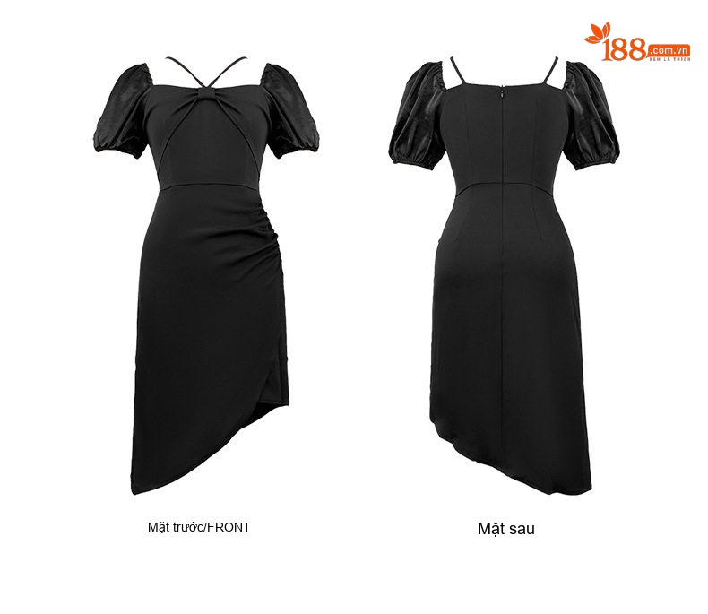 Váy Đầm Ôm Body Nữ Tay Bồng Cổ chữ Vuông Thiết Kế Pháp Màu Đen chi tiết 5