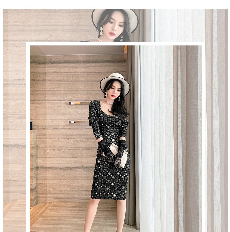 Váy Ôm Body Nữ Cổ chữ Vuông Tay Bồng Dáng Dài Phong Cách Pháp Cổ Điển Thanh Lịch Màu Đen chi tiết 1