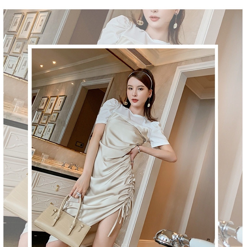 Váy liền thân Nữ Tay Ngắn Chất Liệu Axetat Satin Phối Nhún Eo Thon Dáng Ngắn Màu Đen, Trắng Kem chi tiết 1