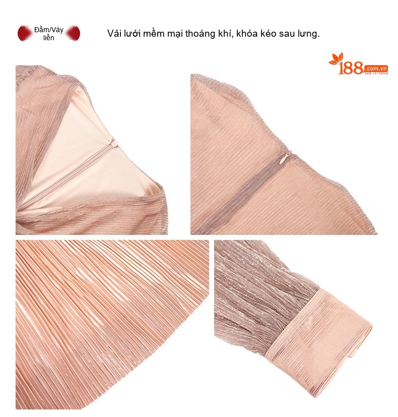 Váy Ngắn Nữ Cổ chữ V Tay Dài Lưng Cao Dáng Chữ A Chất Lưới Màu Xanh, Hồng chi tiết 4