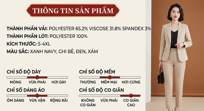 Bộ Vest Nữ Công Sở Dáng Ôm Thanh Lịch Màu Đen, Xám, Xám Gạo, Xanh Than chi tiết 6