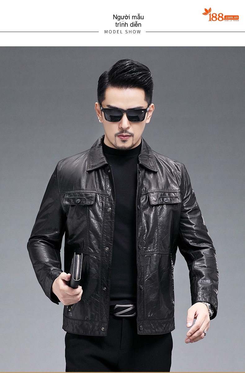 Áo Khoác Da Thật Nam Kiểu Ngắn Cổ Bẻ Da Bò Sáp Dầu Phong Cách Biker Màu Đen chi tiết 5