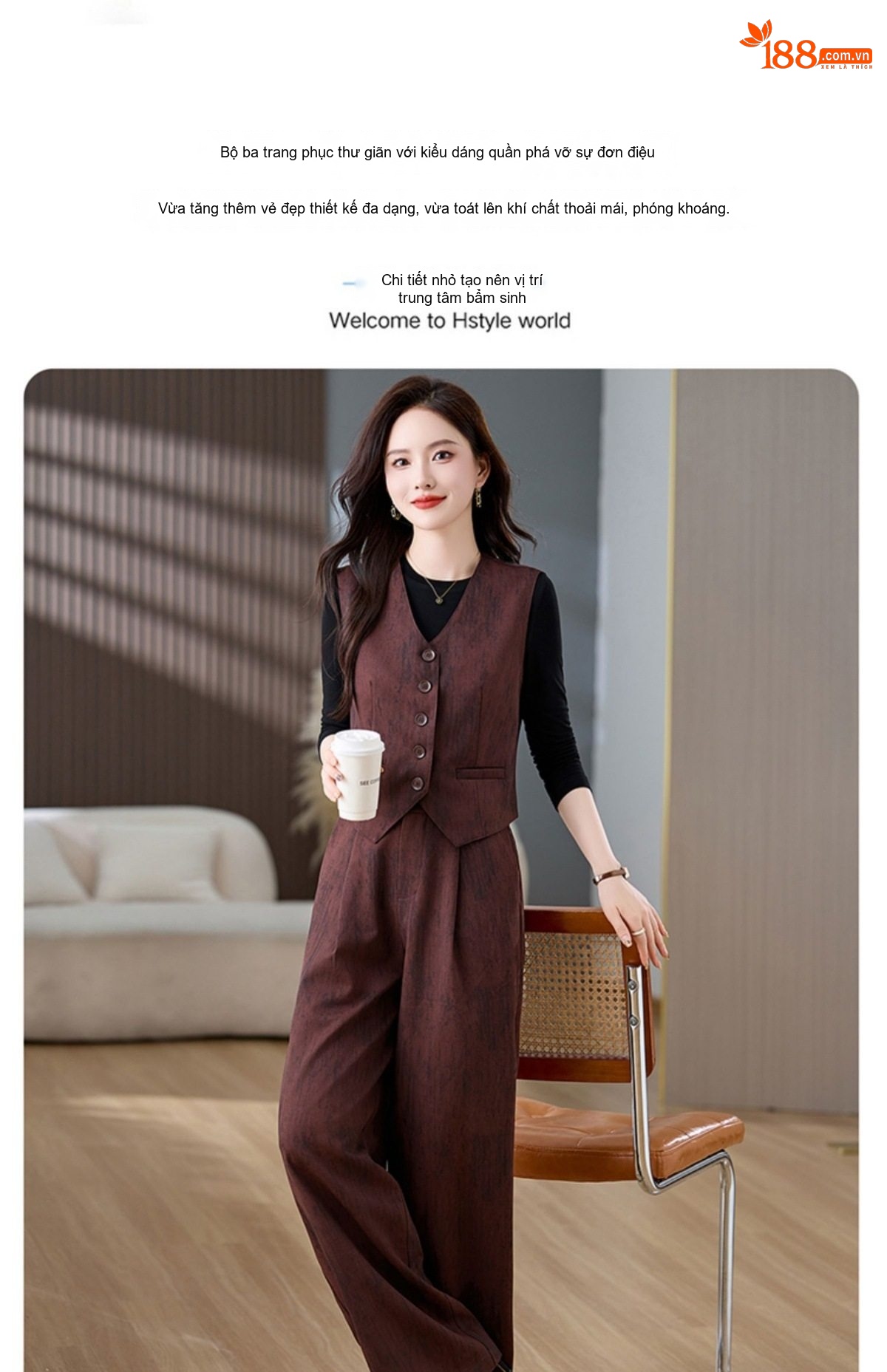 Set Bộ Vest Nữ Áo Gile Quần Ống Rộng Phong Cách Thời Trang Màu Nâu Đỏ chi tiết 4