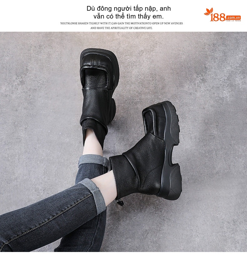 Boot Nữ Da Bò Cổ Ngắn Đế Bánh Mì Chiều Cao Đế Khoảng 5cm Khoá Kéo Sau Màu Đen, Nâu chi tiết 14