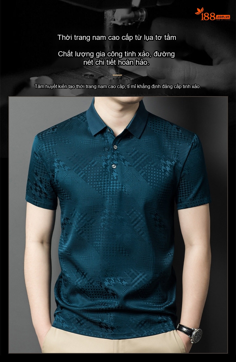 Áo Polo Nam Tay Ngắn桑蚕丝 Dệt Jacquard Thoáng Khí Màu Trắng, Xanh, Đen chi tiết 1