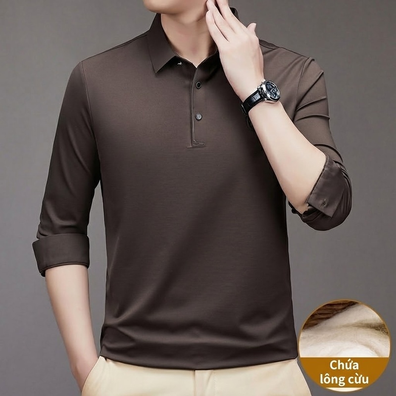 Áo Polo Nam Dài Tay Lông Cừu Mềm Mại Kiểu Dáng Business Màu Xanh Navy, Xám, Đỏ Gạch, Nâu...