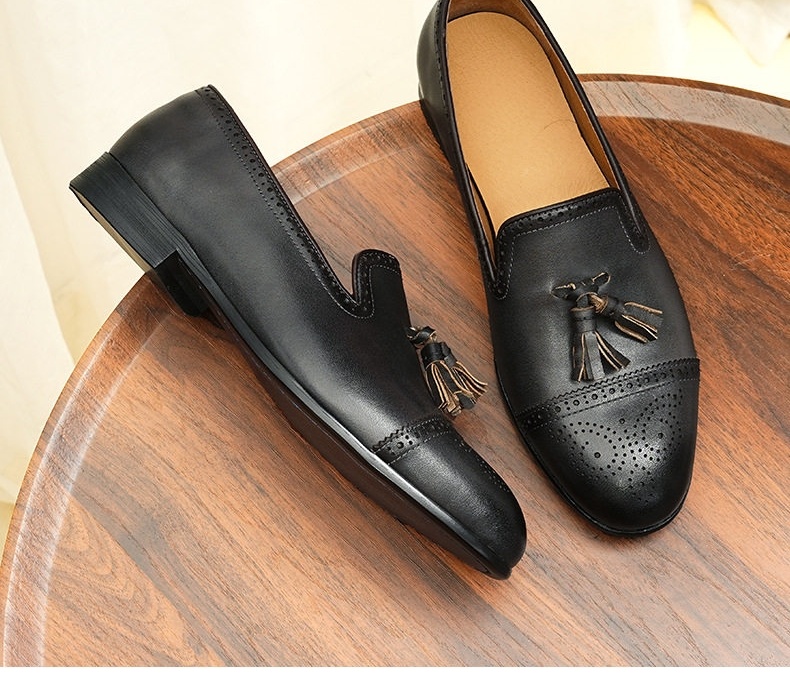 Giày Lười Nam Da Bò Brogue Tua Rua Chiều Cao Đế Khoảng 3cm Màu Đen, Nâu chi tiết 2